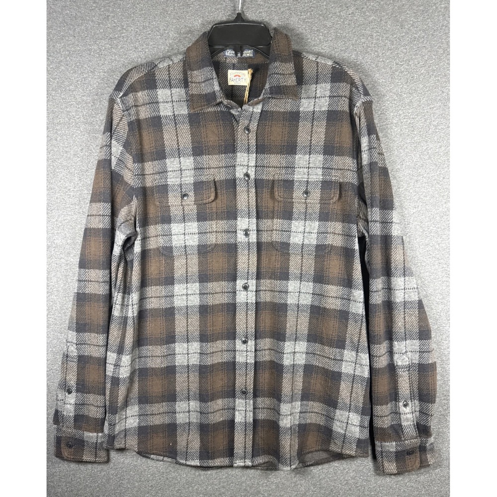 Faherty Brand Legend Shirt Mens Large Brown Grey Plaid Flannel Knit L NWT casual